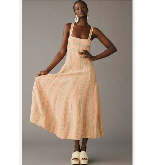 Anthropologie Maeve Square-Neck Tie-Back Maxi Dress Pink Stripe Linen Size 6 - Picture 9 of 16